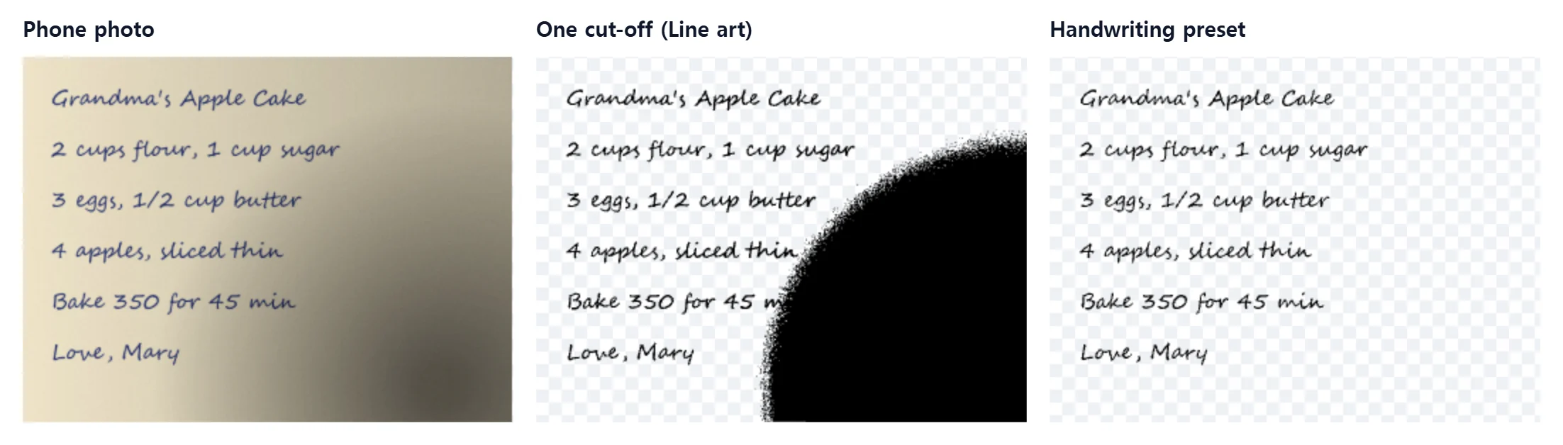 A handwritten recipe photo with a dark shadow in one corner, traced two ways: the single cut-off fills the shadow with black, the Handwriting preset keeps only the writing